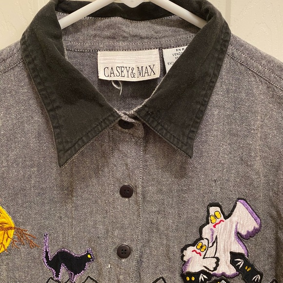 Halloween Embroidered Fall Pumpkin Casey & Max Gray cotton Button Down Shirt - Picture 5 of 11
